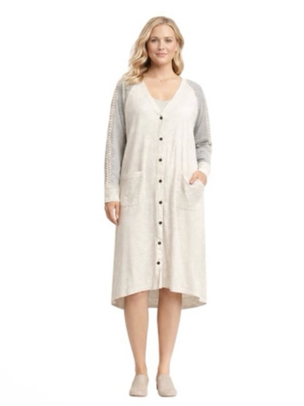 NWT Grey State Button Front Midi Geo Lace Duster Heather Gray Combo, Size XS (0)